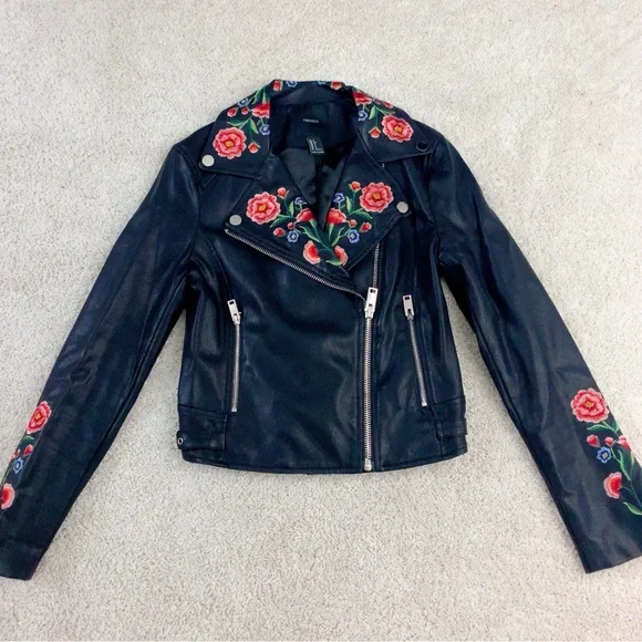 Floral Embroidered Black Faux Leather Biker Jacket - Picture 2 of 10